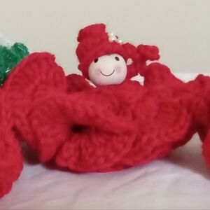 Handmade Dolls, crocheted, many uses, About 3" Tall. Wooden head W/ Painted Face